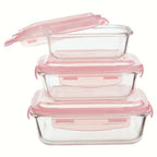 Set of 3 Rectangular Glass Containers with Pink Lids
