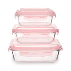 Set of 3 Rectangular Glass Containers with Pink Lids