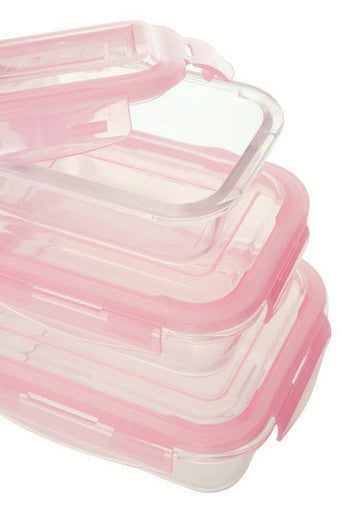 Set of 3 Rectangular Glass Containers with Pink Lids