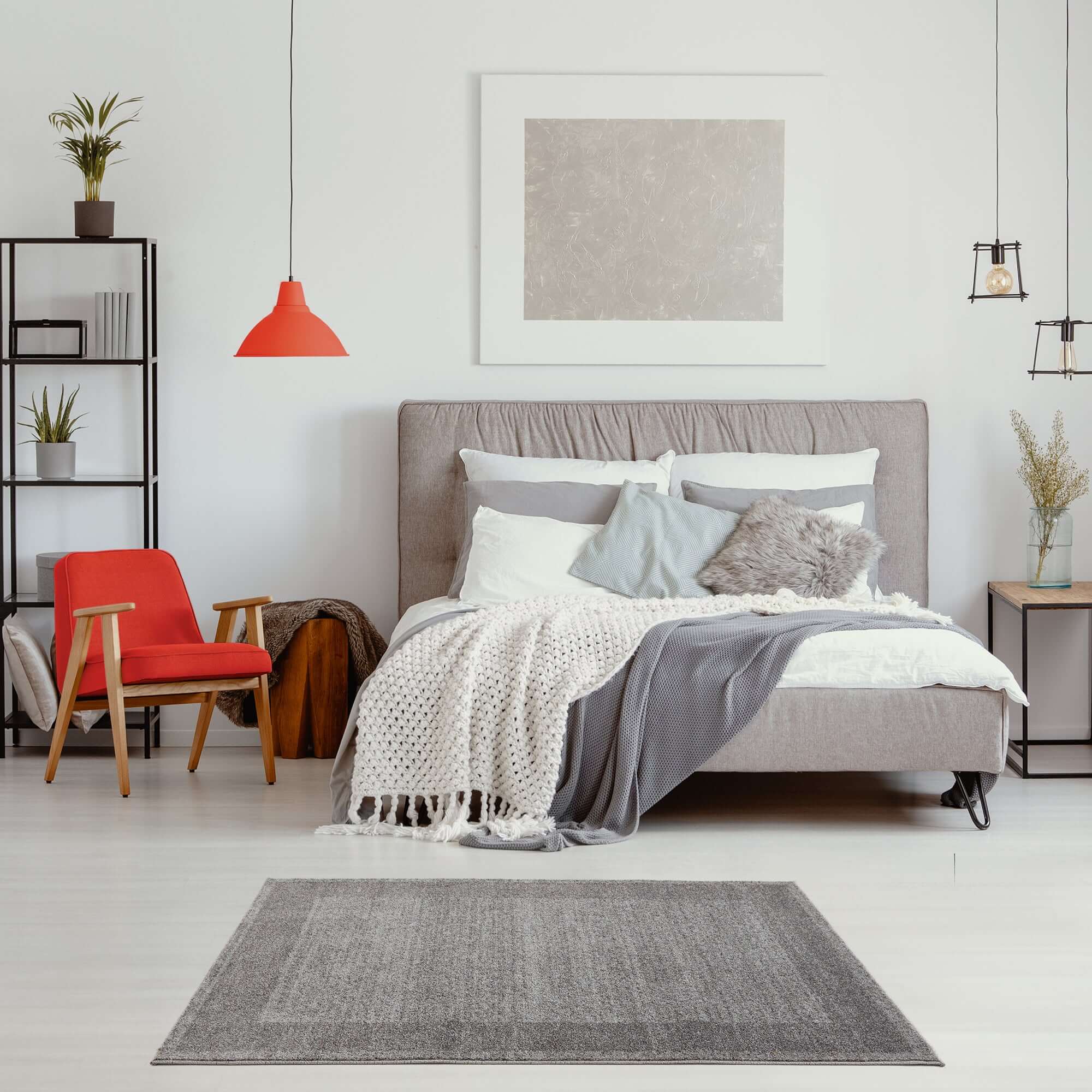 Modern Grey Geometric Border Rug