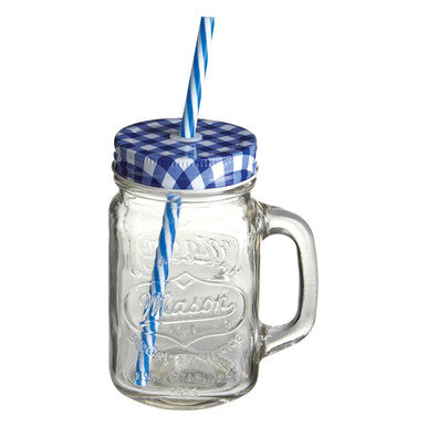 Embossed Mason with Blue Gingham Lid | Square Jar Mug