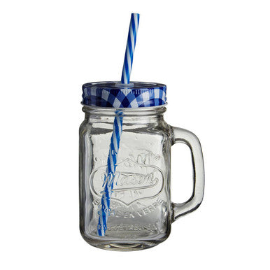 Embossed Mason with Blue Gingham Lid | Square Jar Mug