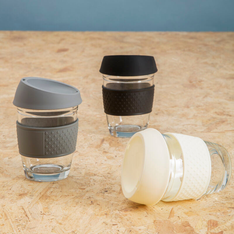 Glass Mug with Cream Silicone Band Lid