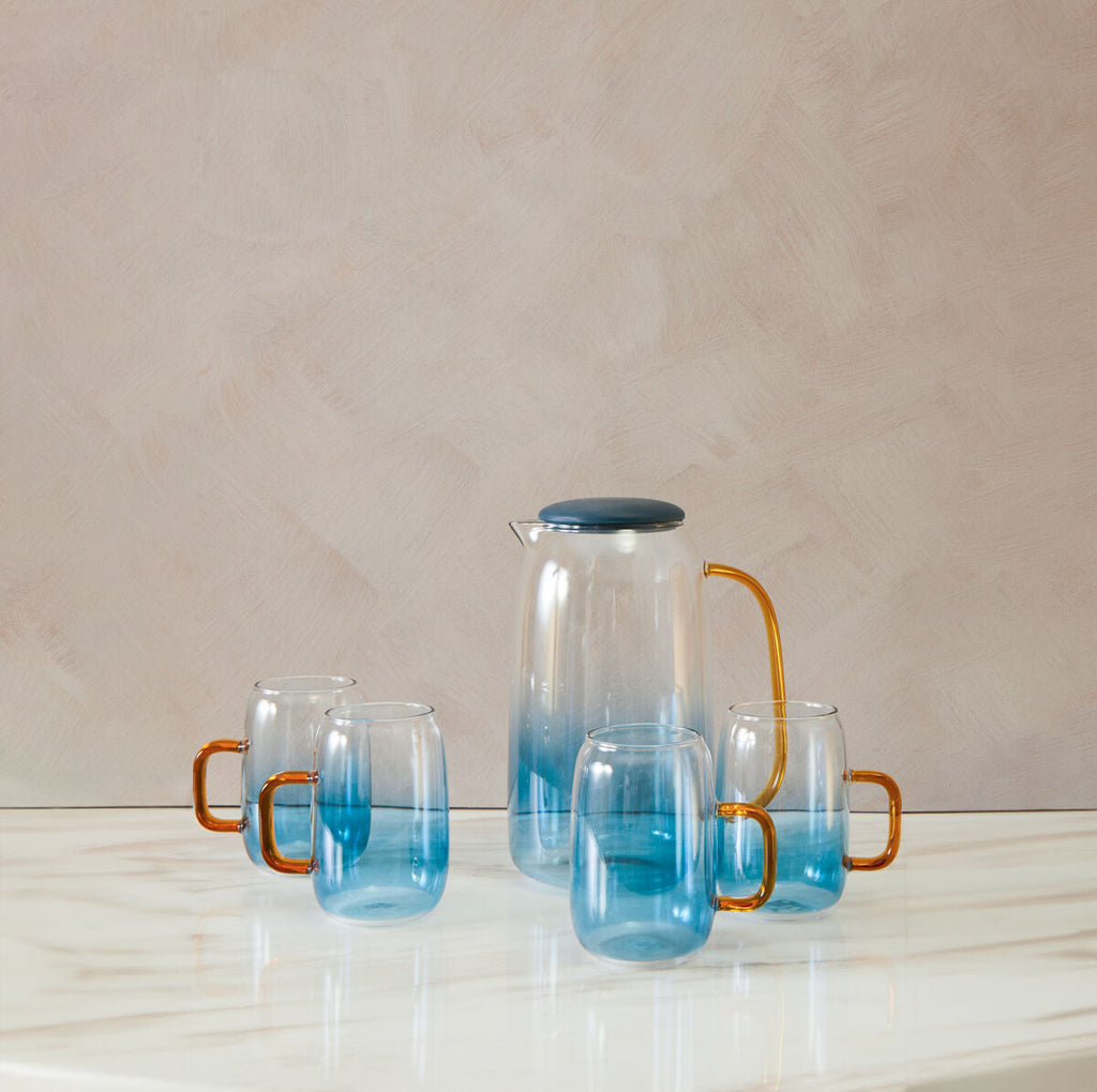Glass Ombre Blue Pitcher and Cup Set