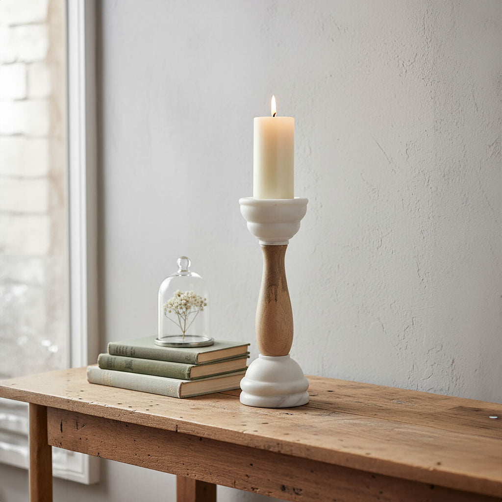 White Marble and Mango Wood Candle Holder
