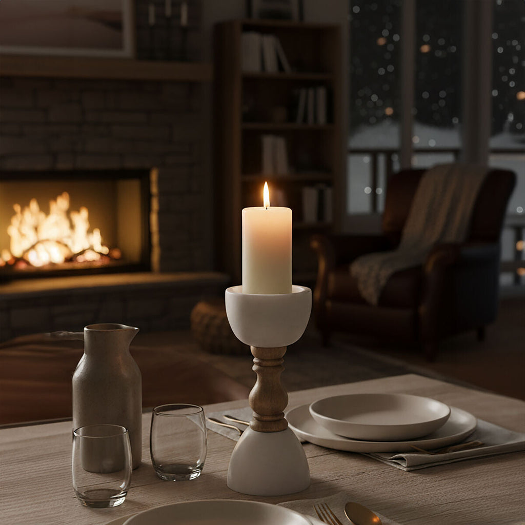 Large White Marble and Mango Wood Candle Holder