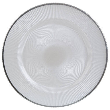 White Embossed Glass Charger Plate with Silver Rim