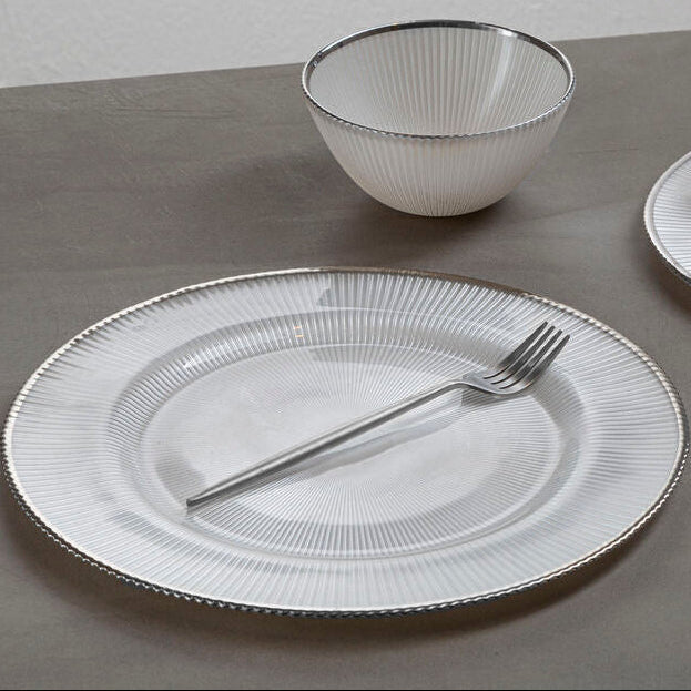White Embossed Glass Dinner Plate with Silver Rim