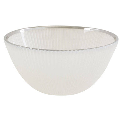 White Embossed Glass Bowl with Silver Rim
