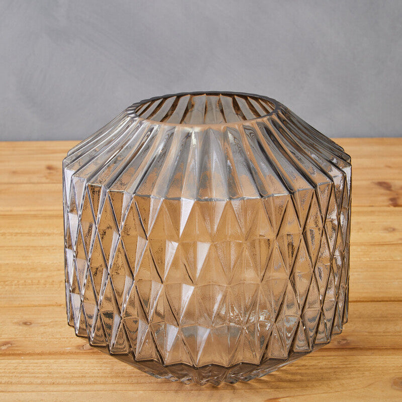 Diamond-Cut Large Grey Glass Vase