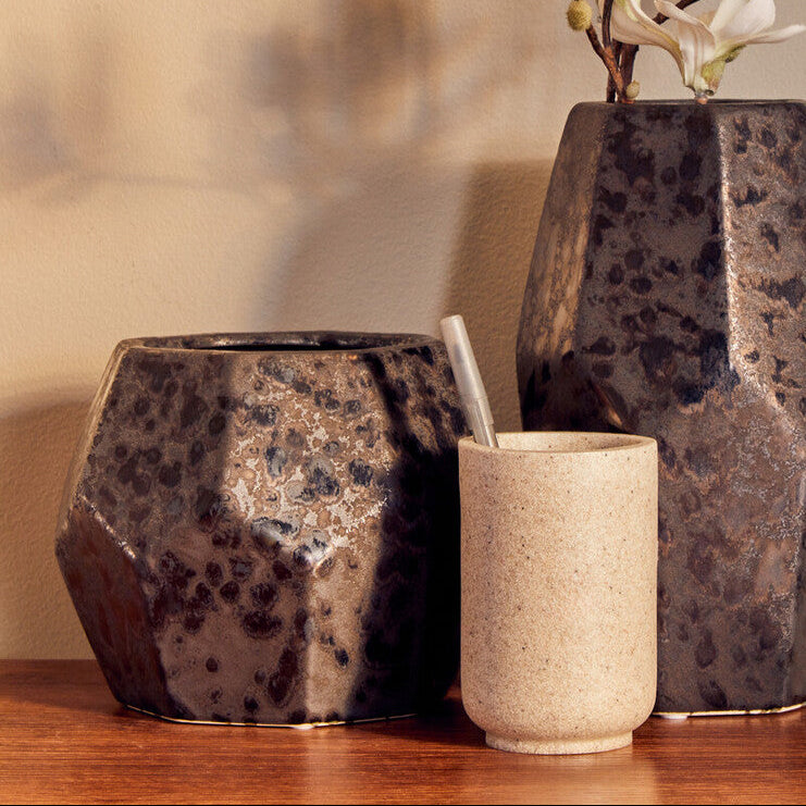 Black Metallic Geometric Small Ceramic Planter