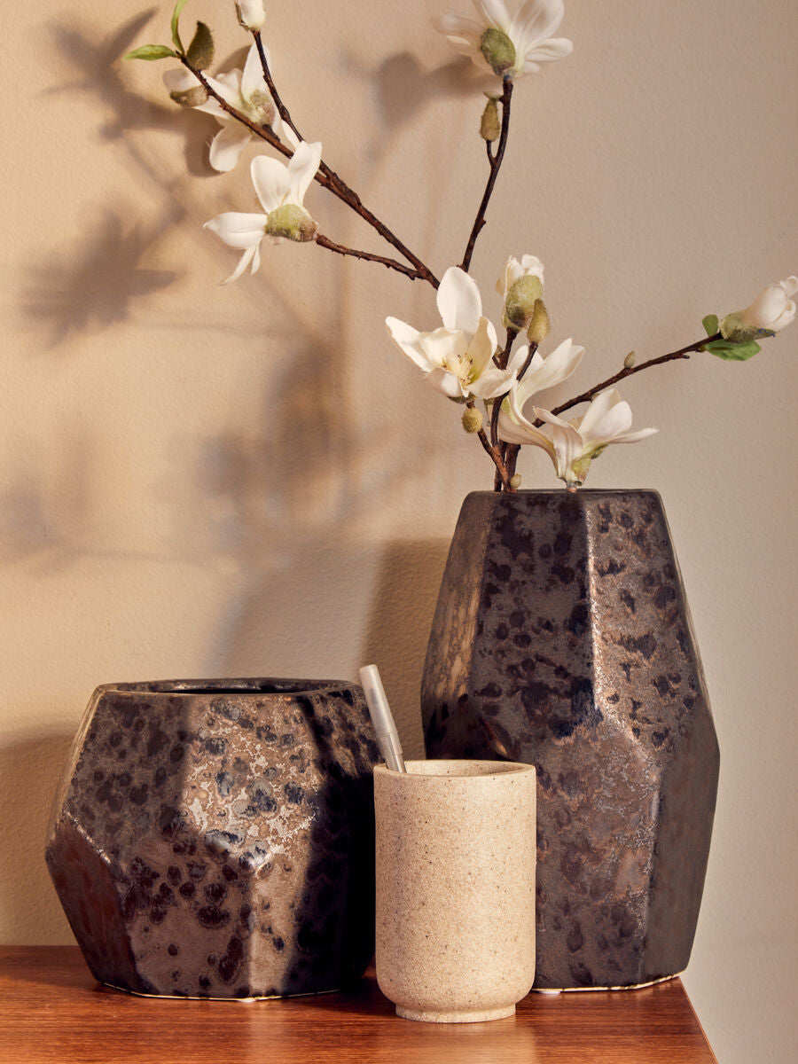 Black Metallic Geometric Small Ceramic Planter