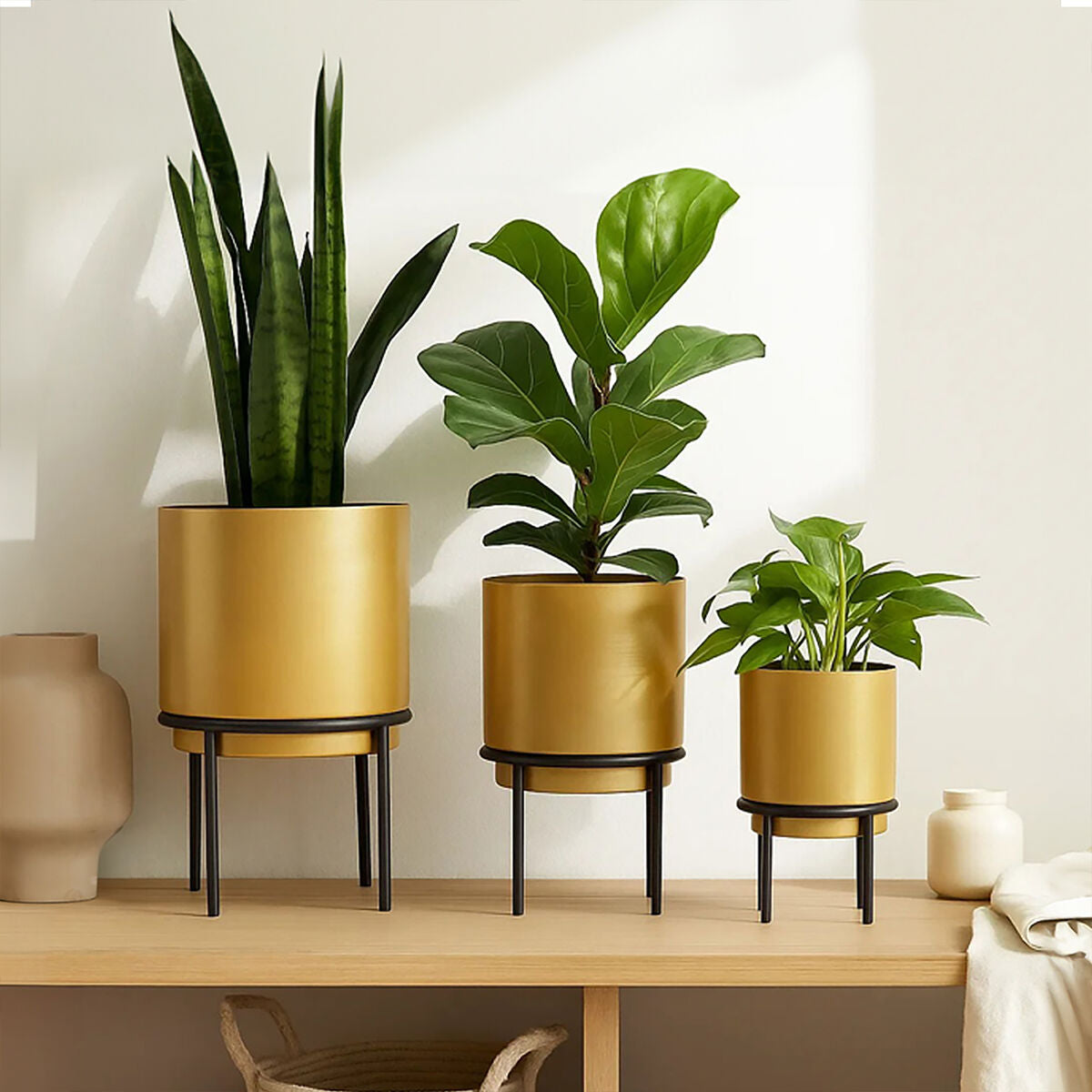 Set of Three Gold Finish Planters