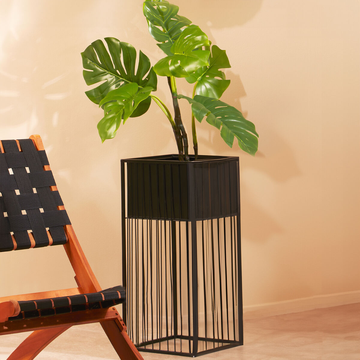Black Metal Square Floor Standing Planter with Mid-Level Pot