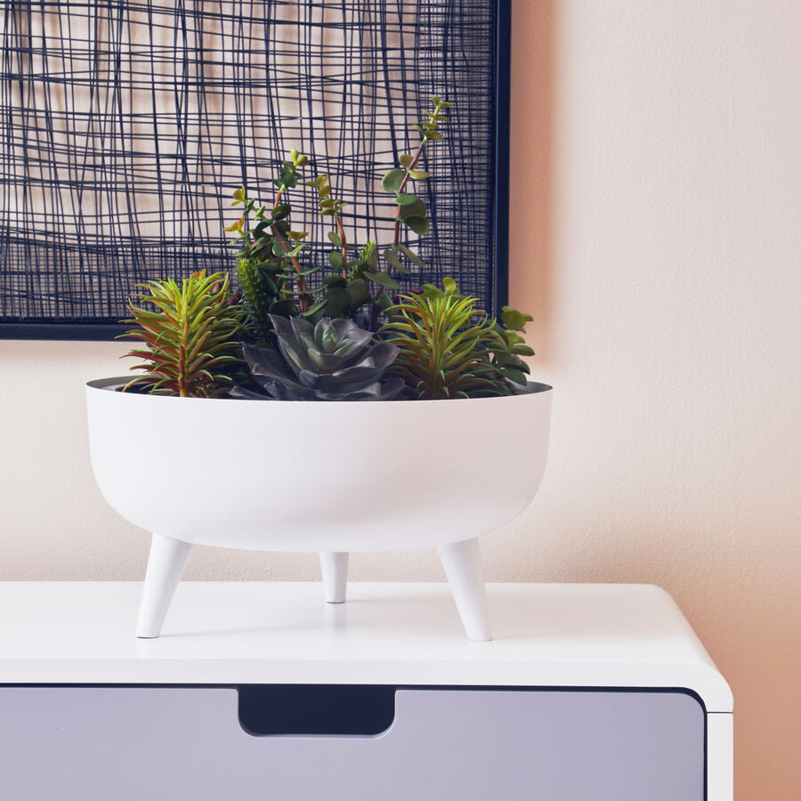 White Finish Round Footed Planter with Angular Base