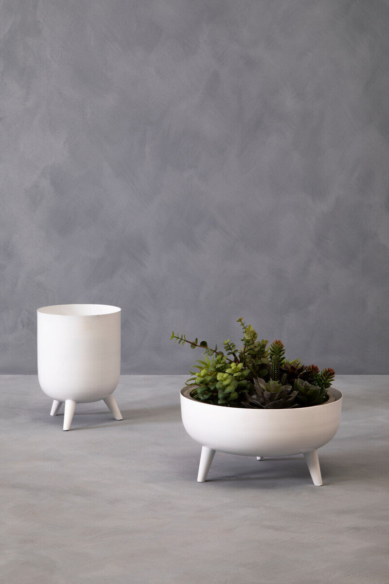 White Finish Round Footed Planter with Angular Base