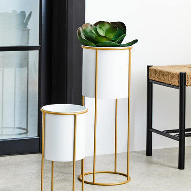 Large White and Gold Floor Standing Planter