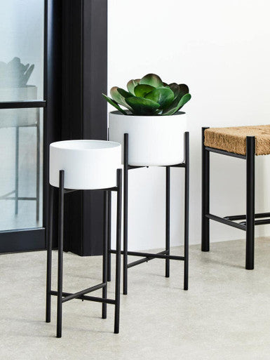 Small White and Black Floor Standing Planter