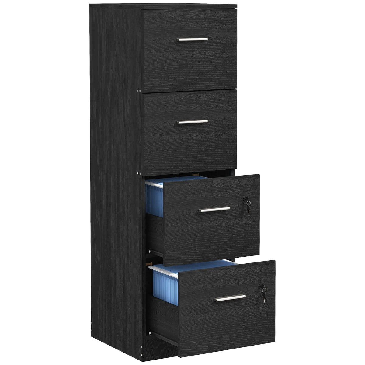 4 Drawer File Cabinet Locking Filing Cabinet, Black Wood Effect