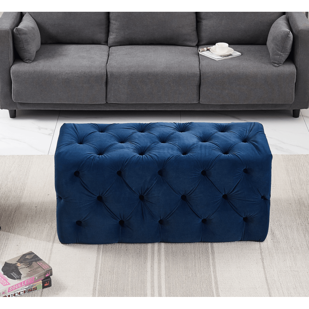 Velvet Ottoman Bench Blue Fabric