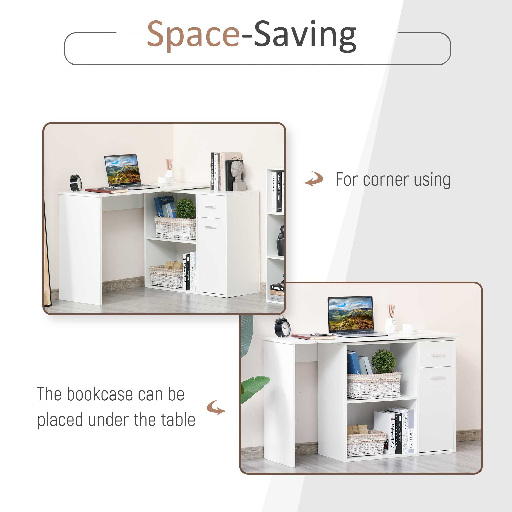 L-Shaped Desk, Corner Computer Desk, Adjustable Study Table with Storage Shelf, Drawer and Cabinet, Workstation for Home Office, White Wood Grain