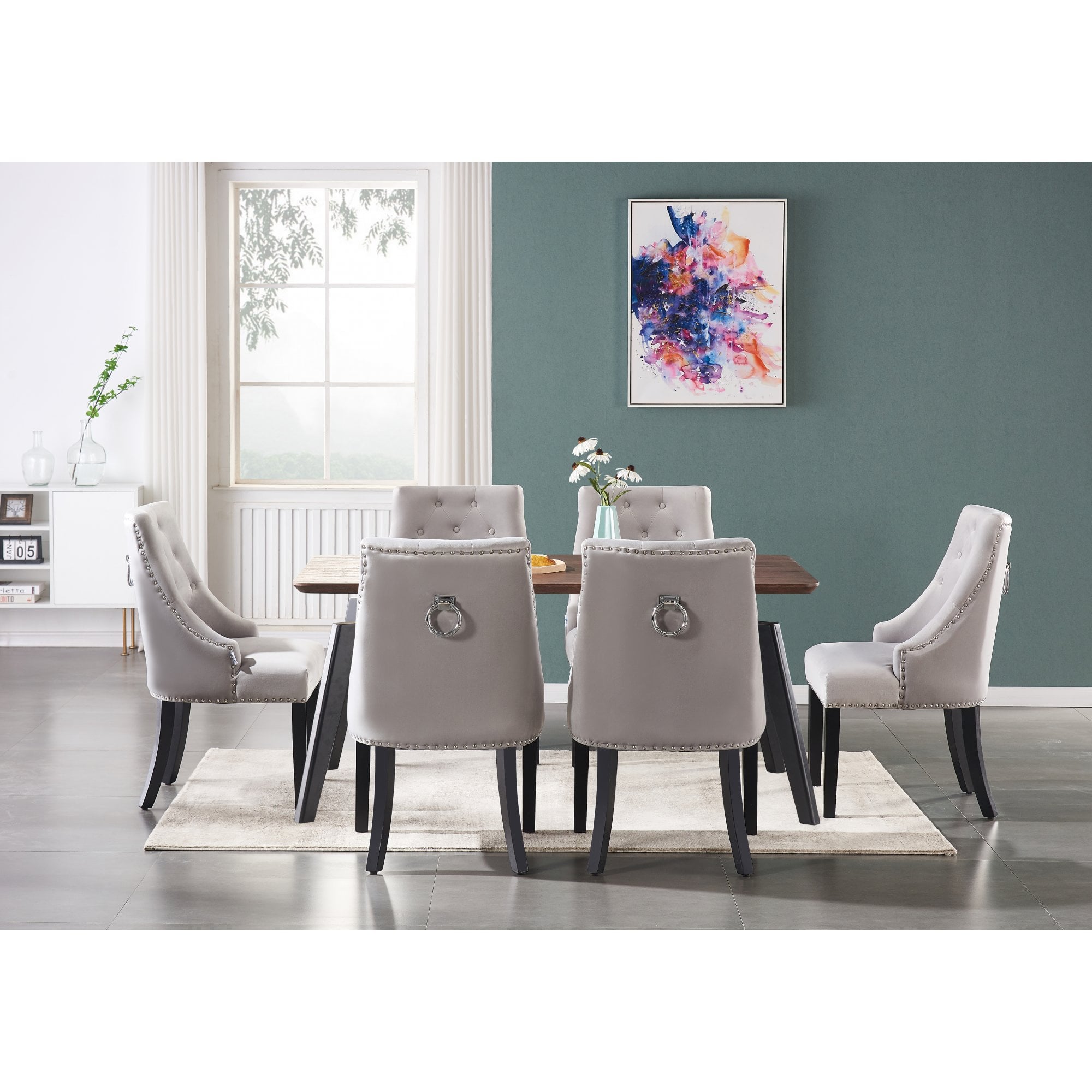 Cosmo Lux Dining Set | a Walnut Table and Set of 6 Chairs Light Grey