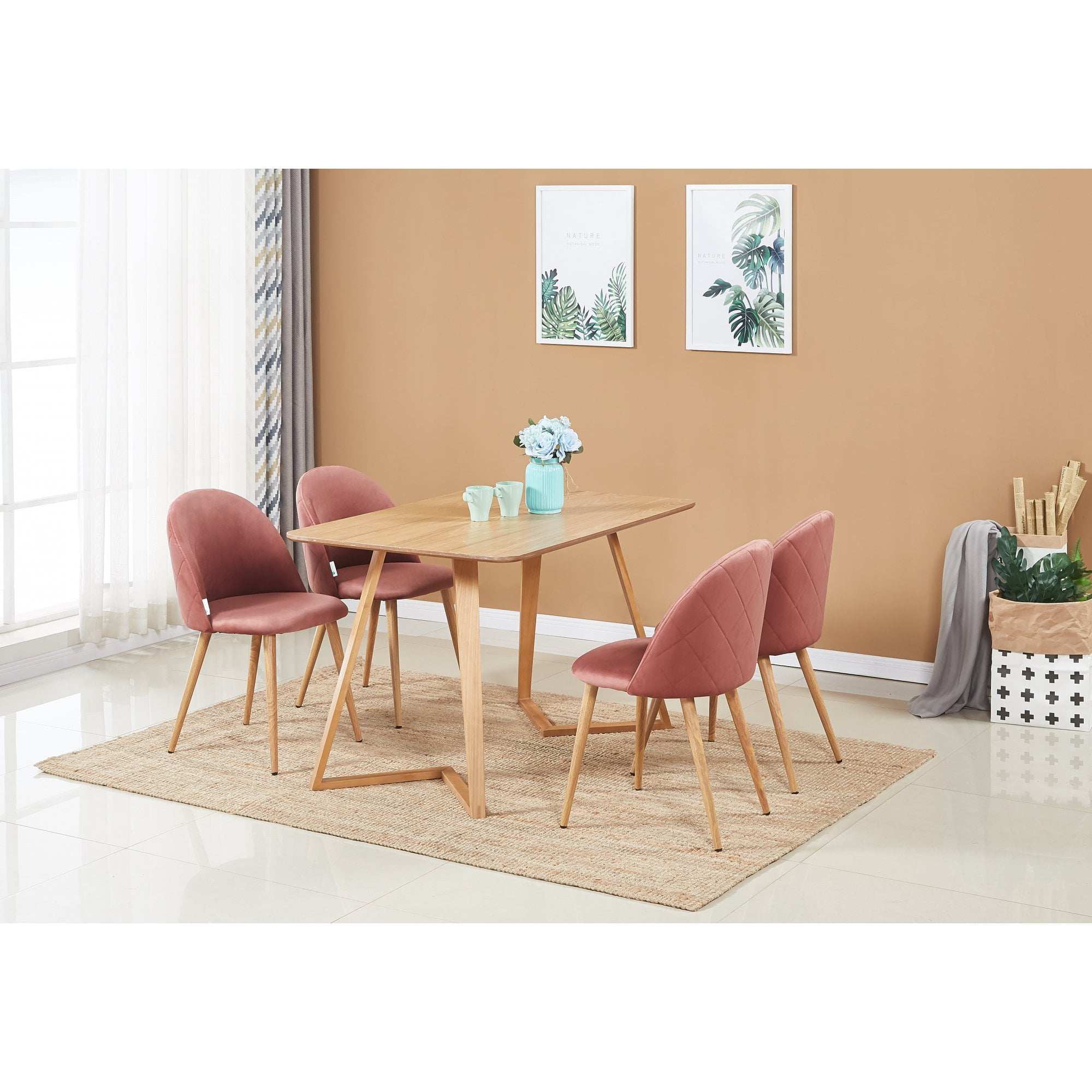 Dallas Dining Table and Chairs Set of 4 - an Oak Dining Table & Set of 4 Velvet Dining Chairs