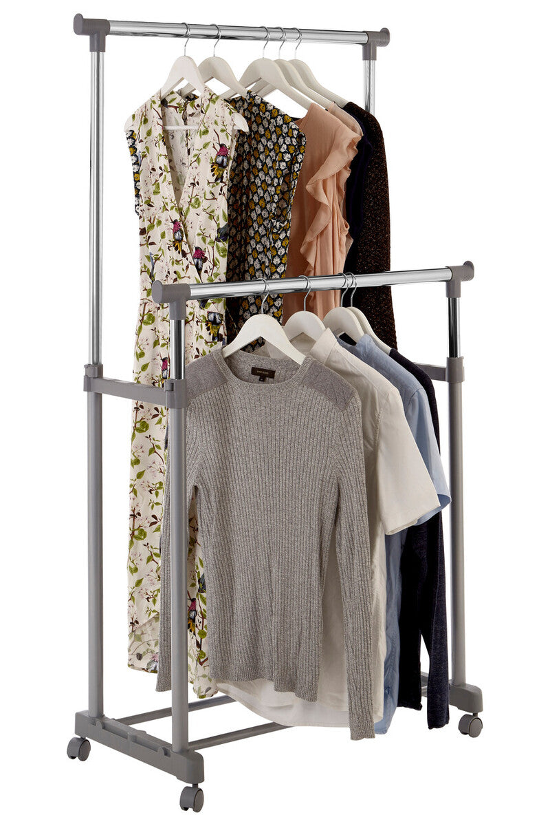 Grey and Chrome Finish Double Clothes Hanging Rail with Wheels