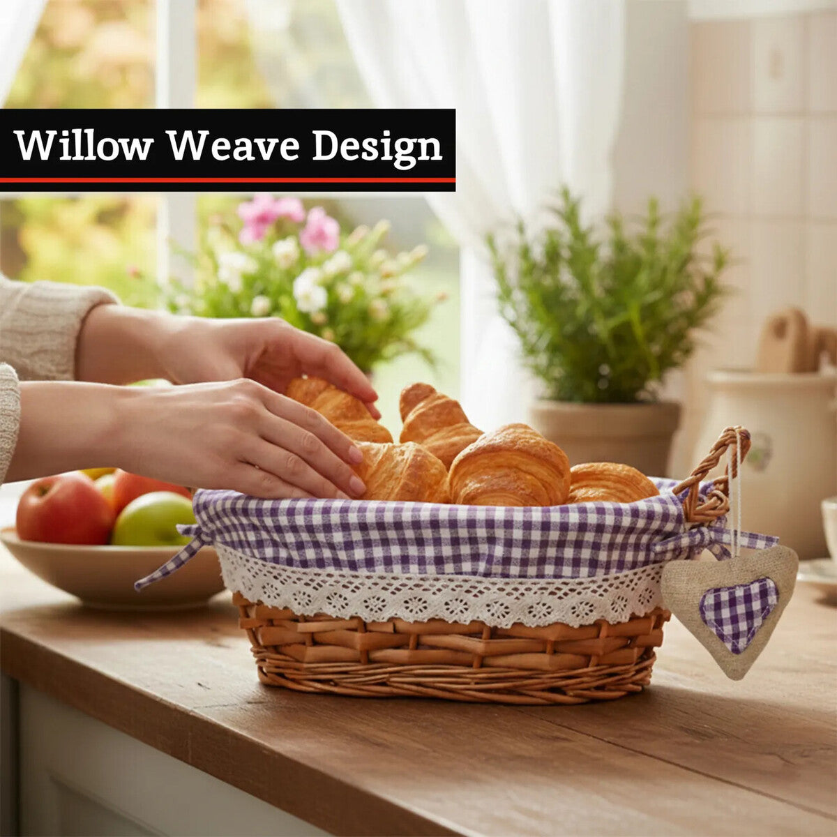 Willow Bread Basket with Purple Gingham Lining