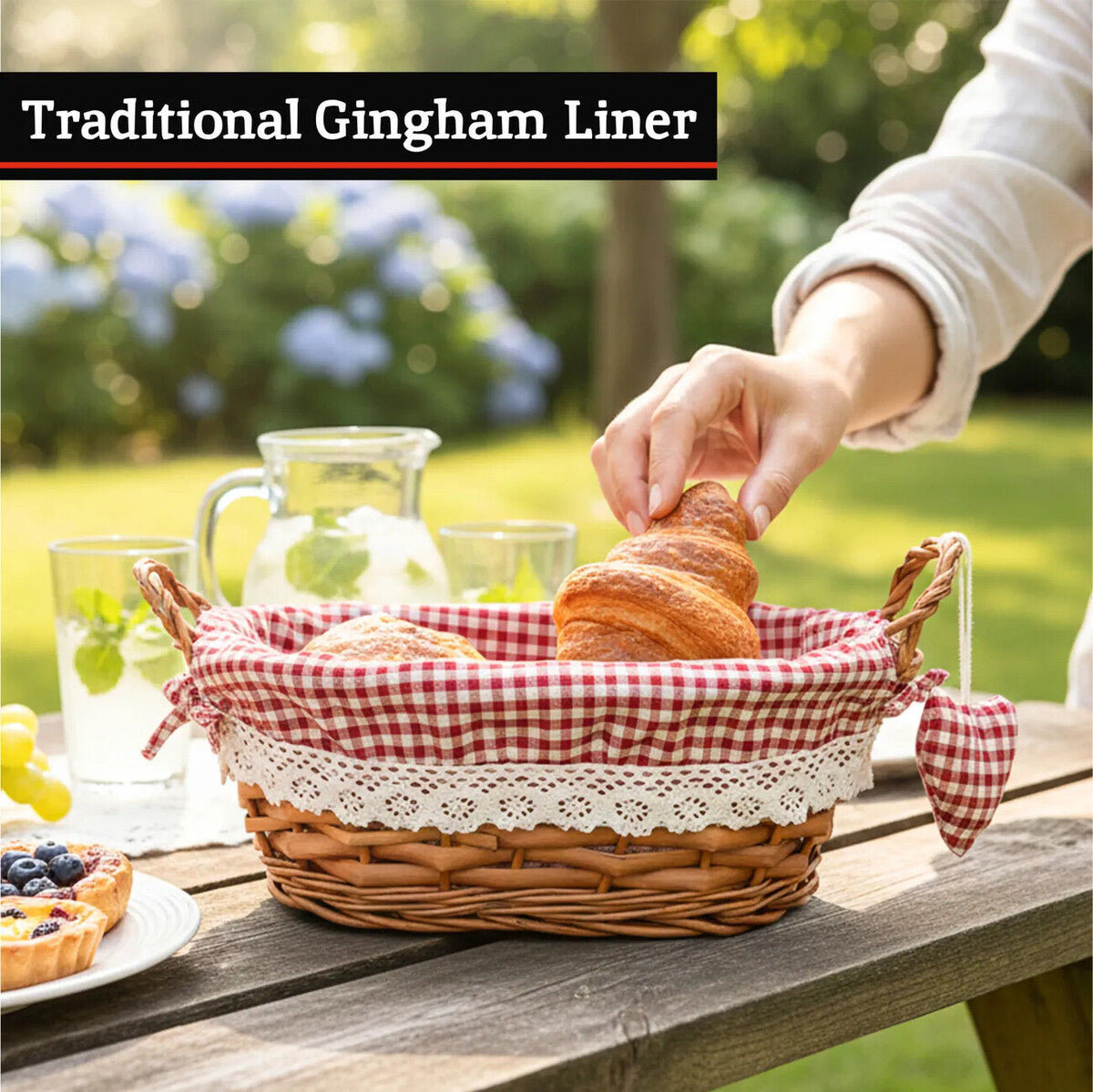 Willow Bread Basket with Red Gingham Lining