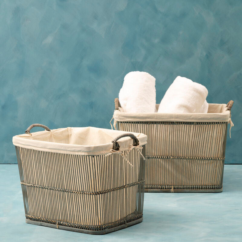 Washed Grey Rattan and Bamboo Set of 2 Storage Baskets