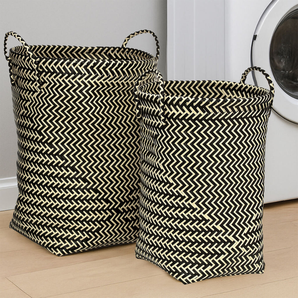 Set of Two Black and White Woven Storage Baskets