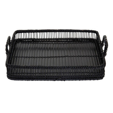 Black Rattan and Bamboo Rectangular Tray