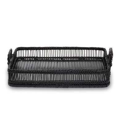 Black Rattan and Bamboo Rectangular Tray