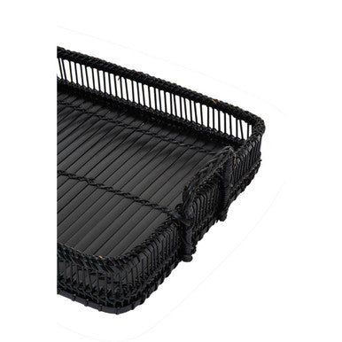 Black Rattan and Bamboo Rectangular Tray
