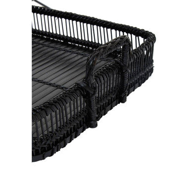 Black Rattan and Bamboo Rectangular Tray
