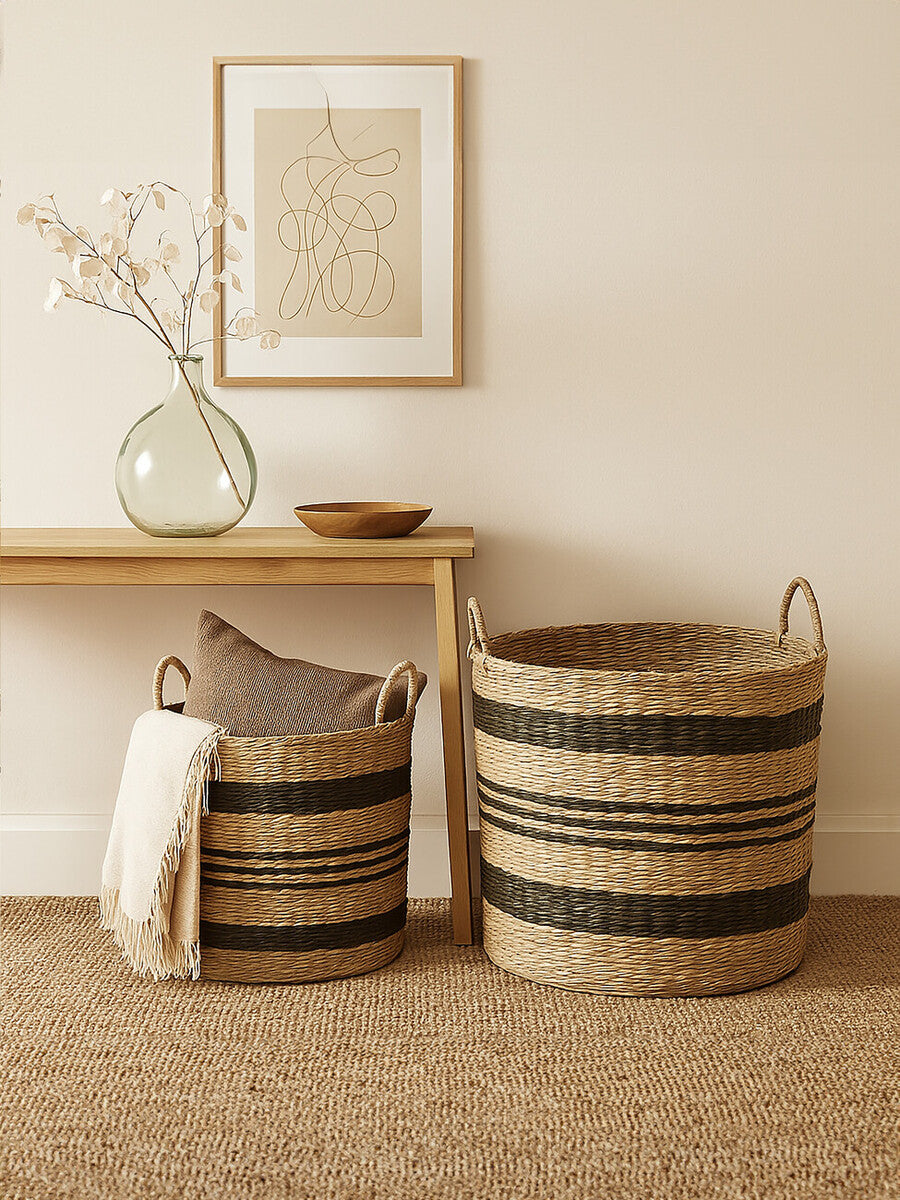 Black and Natural Seagrass Set of 2 Storage Baskets