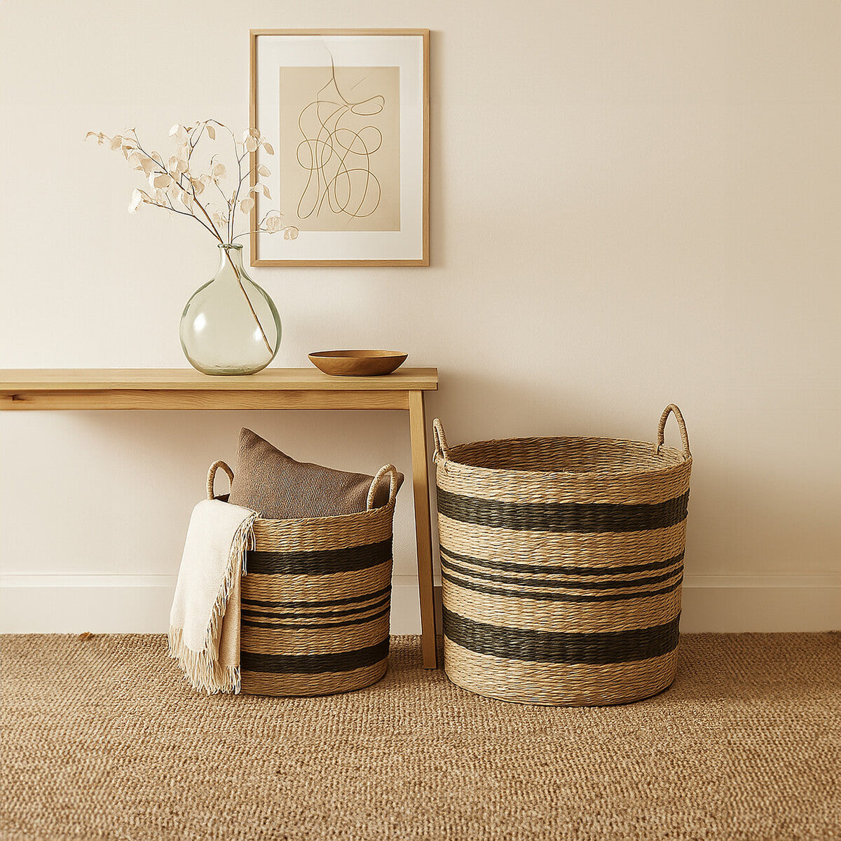 Black and Natural Seagrass Set of 2 Storage Baskets