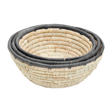 Set of 3 Palm Leaf Baskets with Black Trim