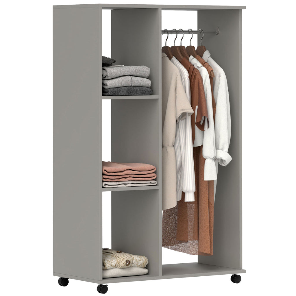 Rolling Open Wardrobe Hanging Rail Storage Shelves for Clothes, Grey