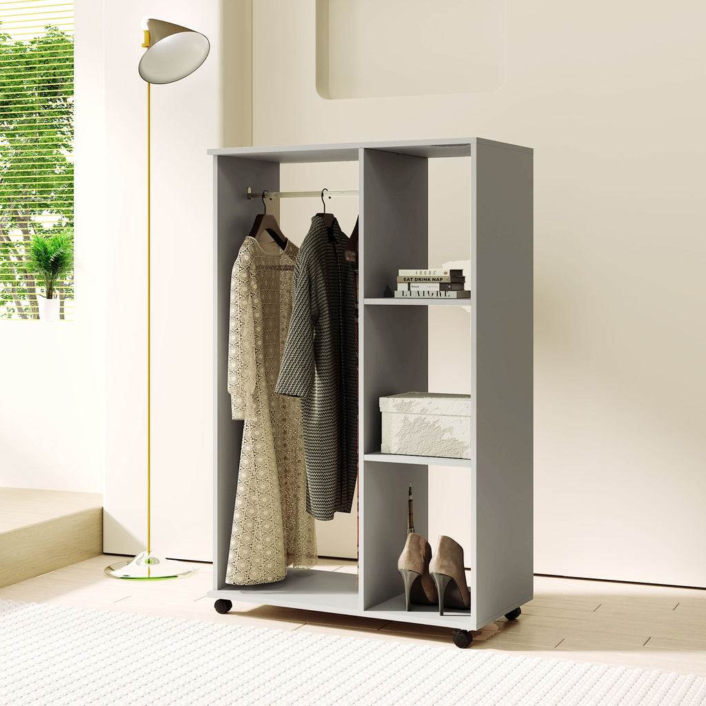 Rolling Open Wardrobe Hanging Rail Storage Shelves for Clothes, Grey