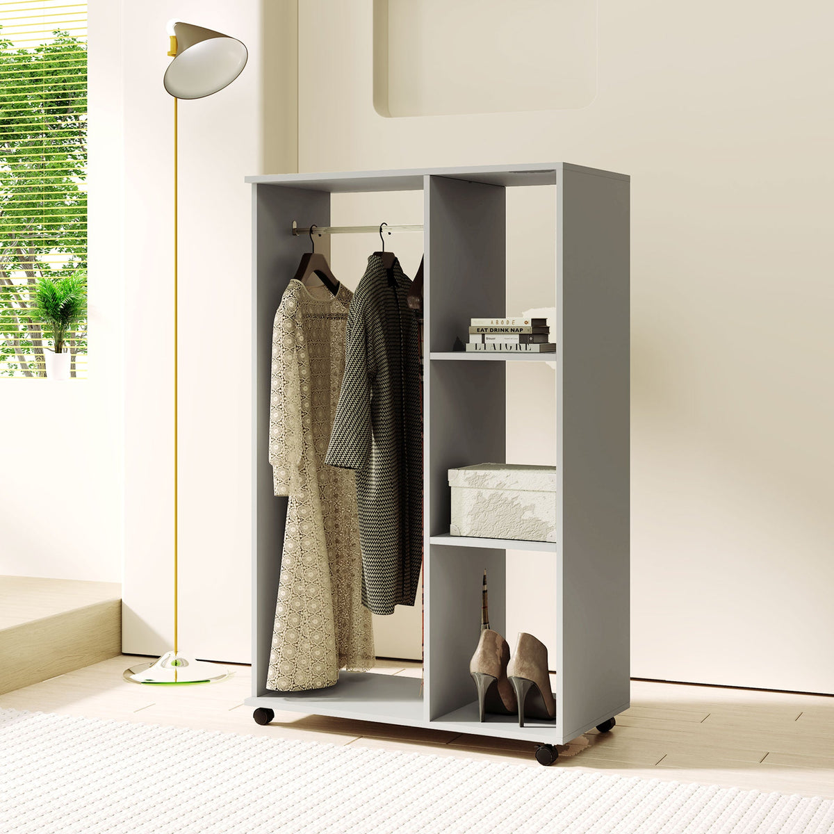 Rolling Open Wardrobe Hanging Rail Storage Shelves for Clothes, Grey