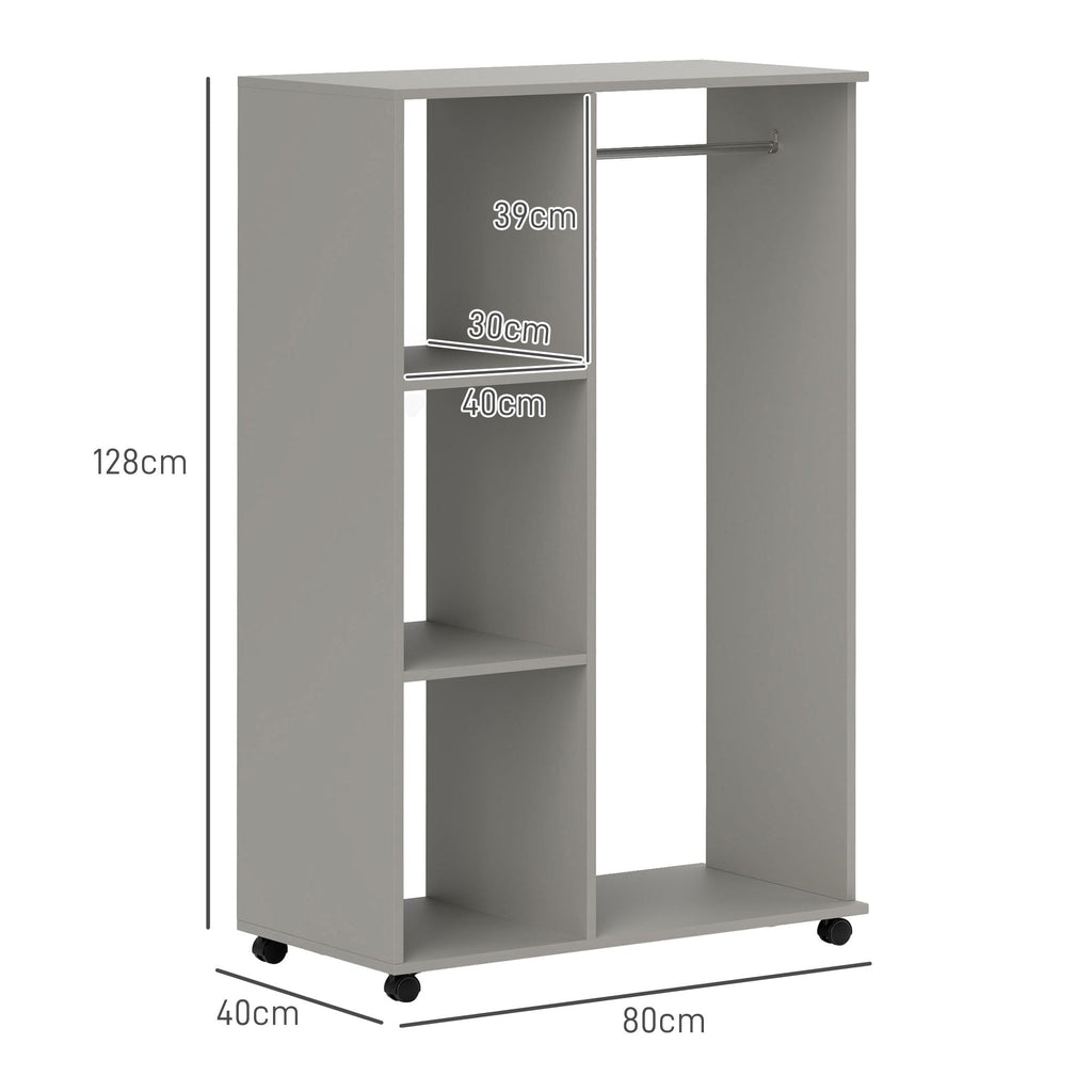 Rolling Open Wardrobe Hanging Rail Storage Shelves for Clothes, Grey