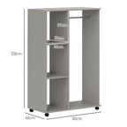 Rolling Open Wardrobe Hanging Rail Storage Shelves for Clothes, Grey