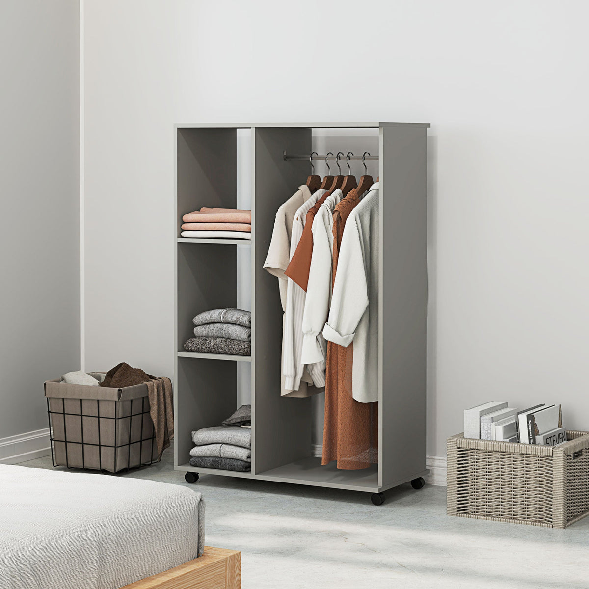 Rolling Open Wardrobe Hanging Rail Storage Shelves for Clothes, Grey