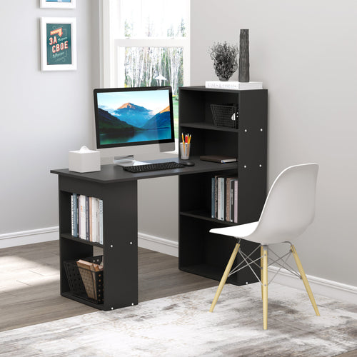 120cm Modern Computer Desk Bookshelf Study Table Workstation PC Laptop Writing Home Office 6 Shelves, Black
