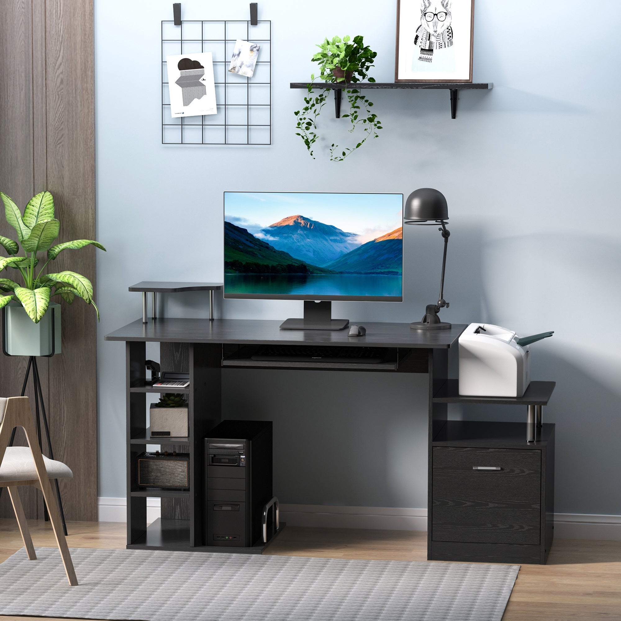 Computer Desk PC Workstation with Drawer, Shelves and CPU Storage Rack, Home Office Furniture, 152 x 60 x 88cm, Black with Wood Grain