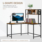 Reversible L Shaped Desk with Hutch, Industrial Computer Desk, Corner Desk with Storage Compartments and Steel Frame for Home Office, Study, 140 x 125cm, Brown