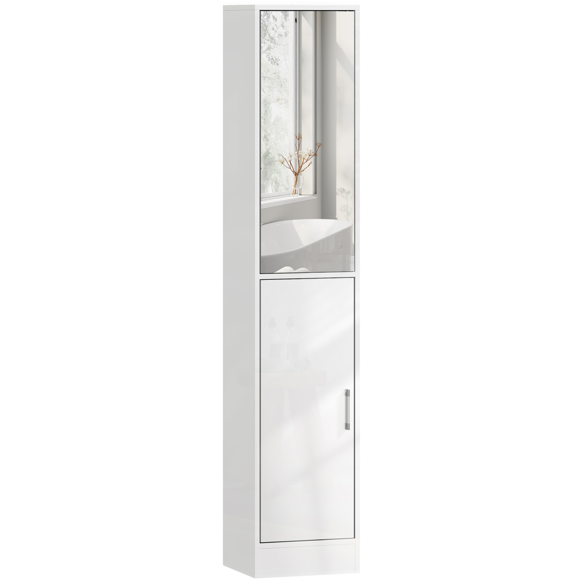 Tall Bathroom Cabinet with Mirror, High Gloss White