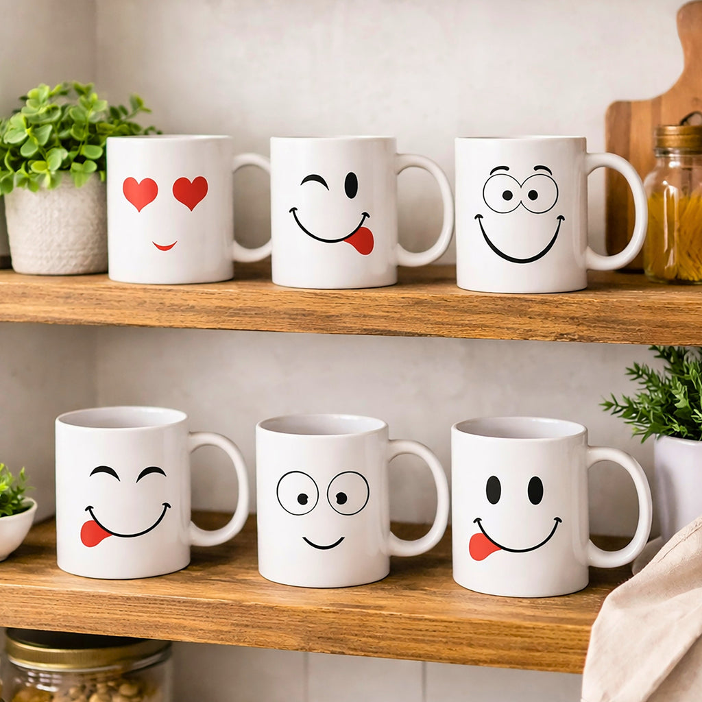 Set of 6 White Emoji Coffee Mugs – Dishwasher Safe Porcelain Tea & Hot Chocolate Cups